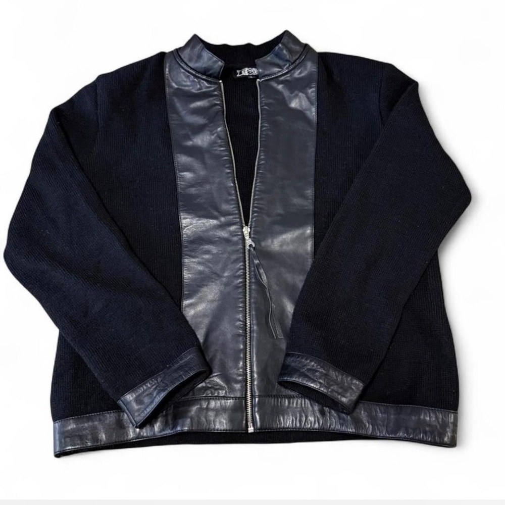 LUXE IPSE Vintage Black Wool Knit & Genuine Leather Jacket - Rare Designer Piece